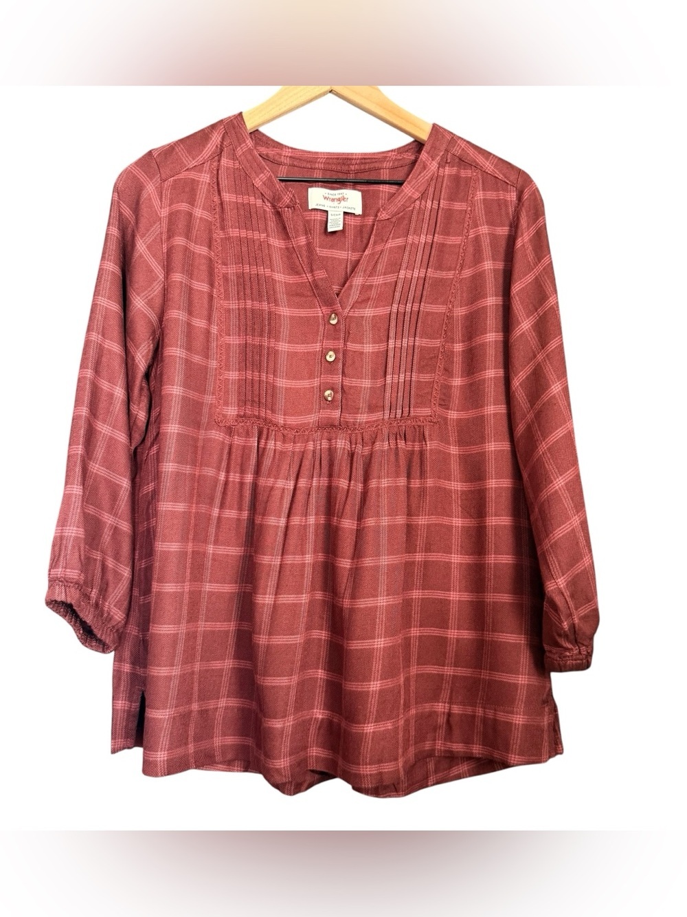 Wrangler Women's Rust Pintuck Babydoll Henley Flannel Tunic Top